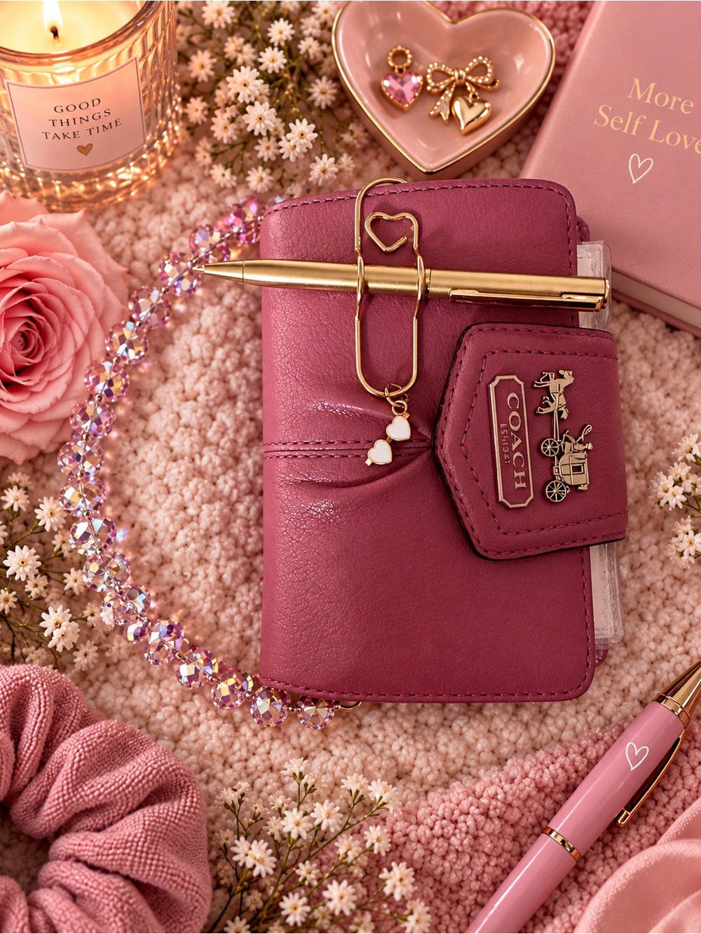 Coach Rose Pink Leather Card & Key Folio with Gold Charm
